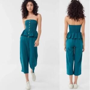 Urban Outfitters Teal Green Linen Blend Strapless Peplum Wide Leg Jumpsuit Small